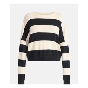 black white Striped Crew Long Sleeve Cropped Sweater Top Black Cream Womens smal